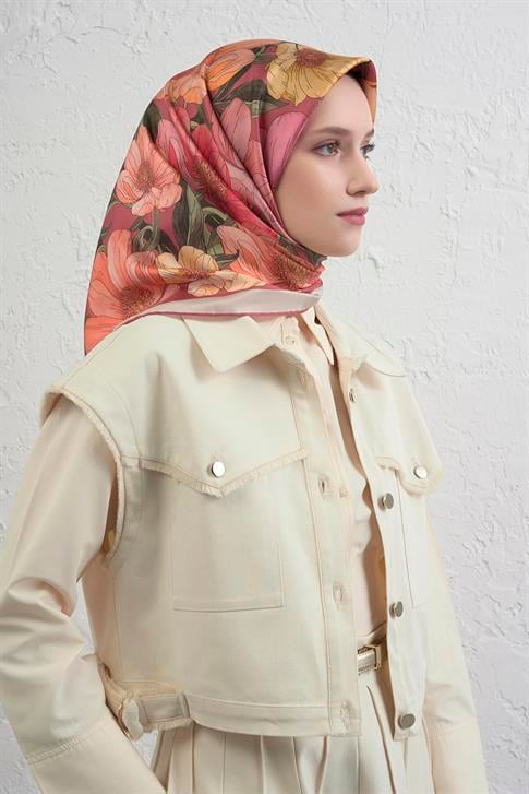 Armine Çiçek Desenli Saf İpek Twill Eşarp 9403D 01