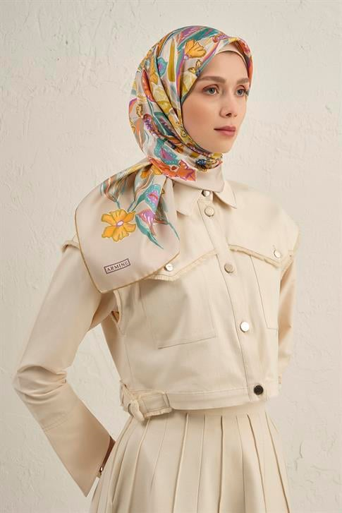 Armine Çiçek Desenli Saf İpek Twill Eşarp 9332D 07