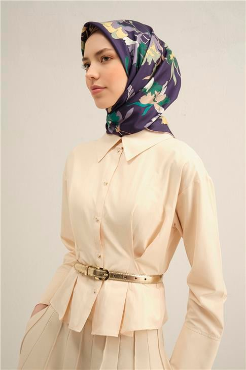 Armine Çiçek Desenli Saf İpek Twill Eşarp 9342D 54