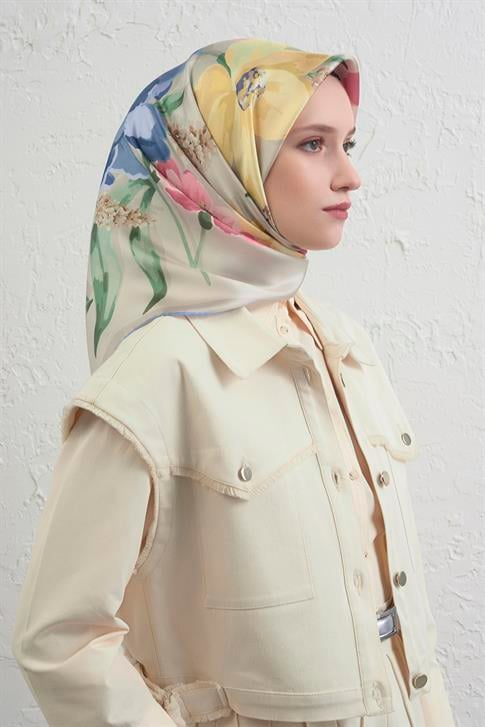 Armine Çiçek Desenli Saf İpek Twill Eşarp 9414D 85