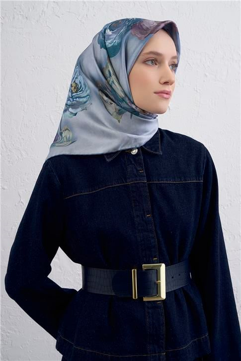 Armine Çiçek Desenli Saf İpek Twill Eşarp 9419D 07