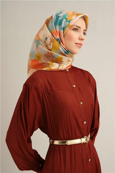 Armine Çiçek Desenli Saf İpek Twill Eşarp 9334D 80