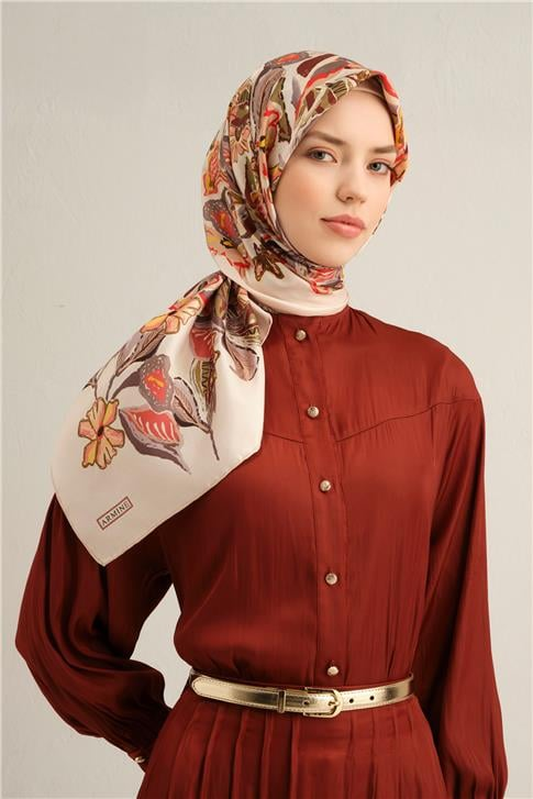 Armine Çiçek Desenli Saf İpek Twill Eşarp 9332D 36