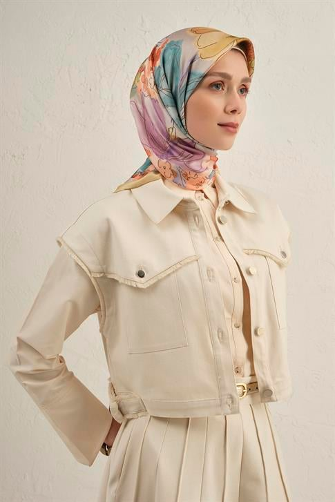 Armine Çiçek Desenli Saf İpek Twill Eşarp 9318D 06