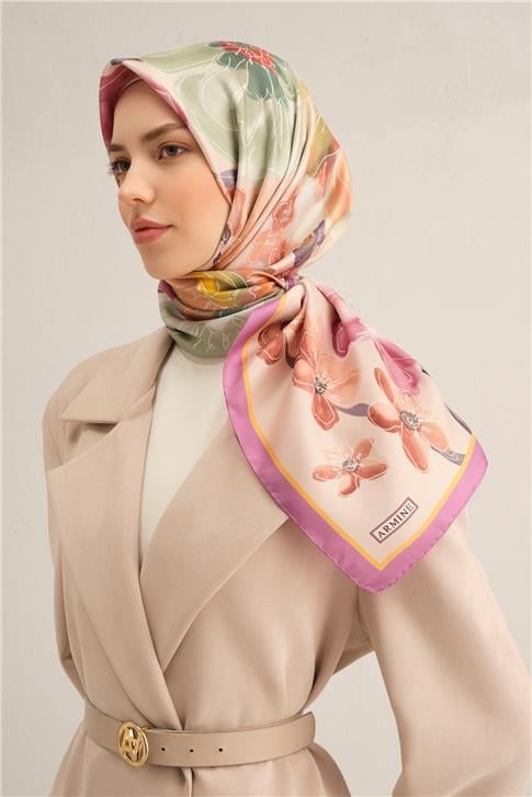 Armine Çiçek Desenli Saf İpek Twill Eşarp 9318D 32