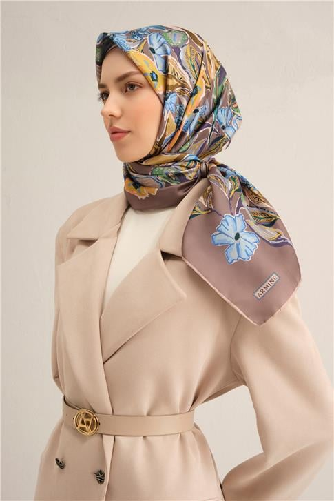 Armine Çiçek Desenli Saf İpek Twill Eşarp 9332D 35
