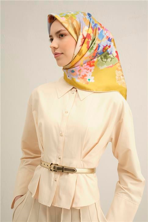 Armine Çiçek Desenli Saf İpek Twill Eşarp 9334D 59