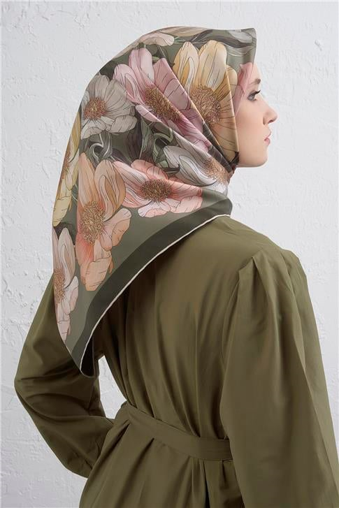 Armine Çiçek Desenli Saf İpek Twill Eşarp 9403D 80