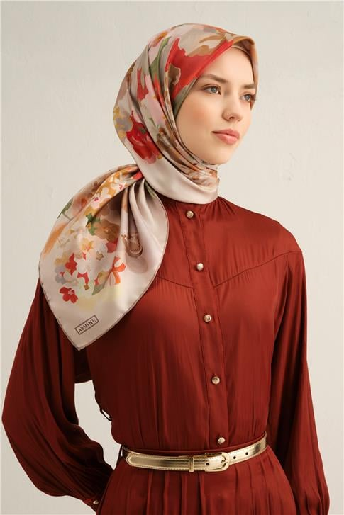 Armine Çiçek Desenli Saf İpek Twill Eşarp 9334D 10