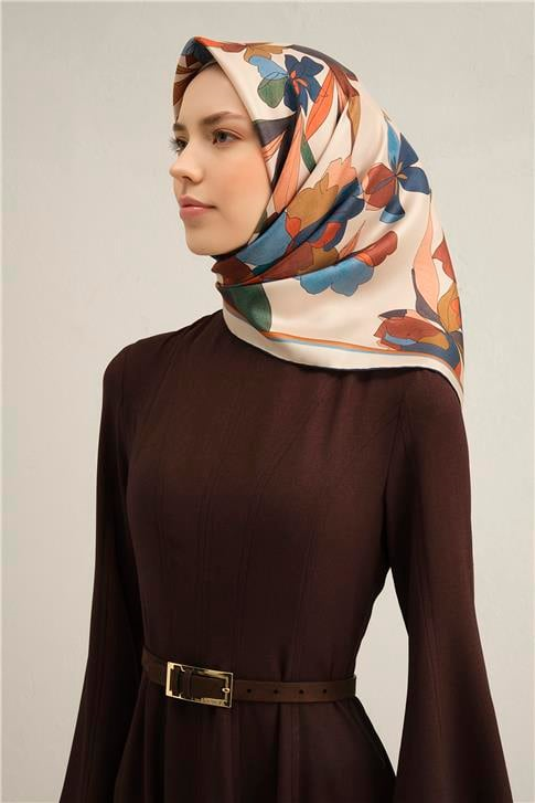 Armine Çiçek Desenli Saf İpek Twill Eşarp 9312D 04
