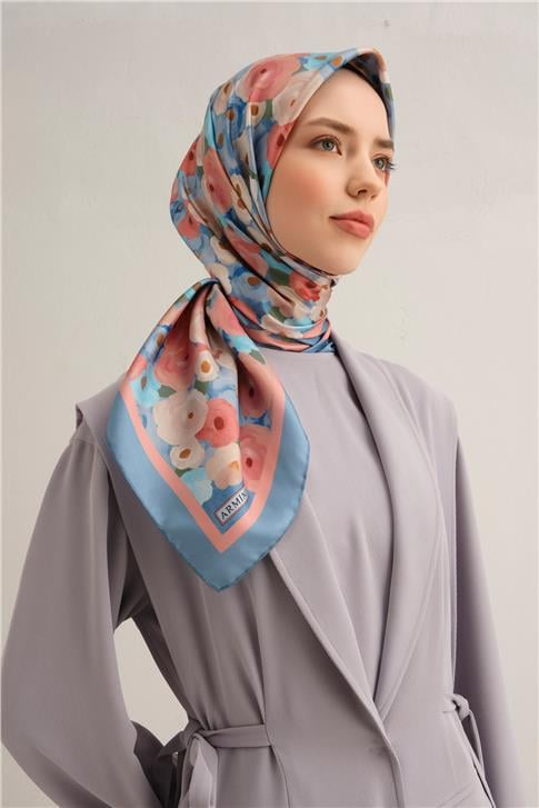 Armine Çiçek Desenli Saf İpek Twill Eşarp 9300D 02