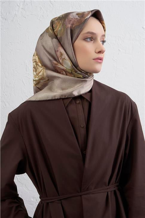 Armine Çiçek Desenli Saf İpek Twill Eşarp 9419D 35
