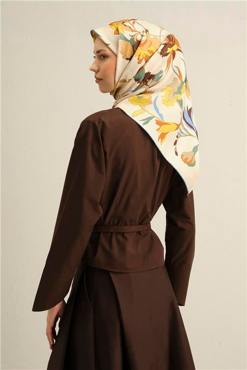 Armine Çiçek Desenli Saf İpek Twill Eşarp 9342D 03