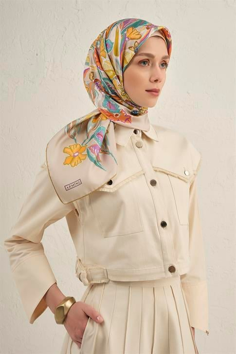 Armine Çiçek Desenli Saf İpek Twill Eşarp 9332D 07