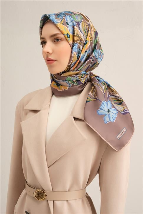 Armine Çiçek Desenli Saf İpek Twill Eşarp 9332D 35