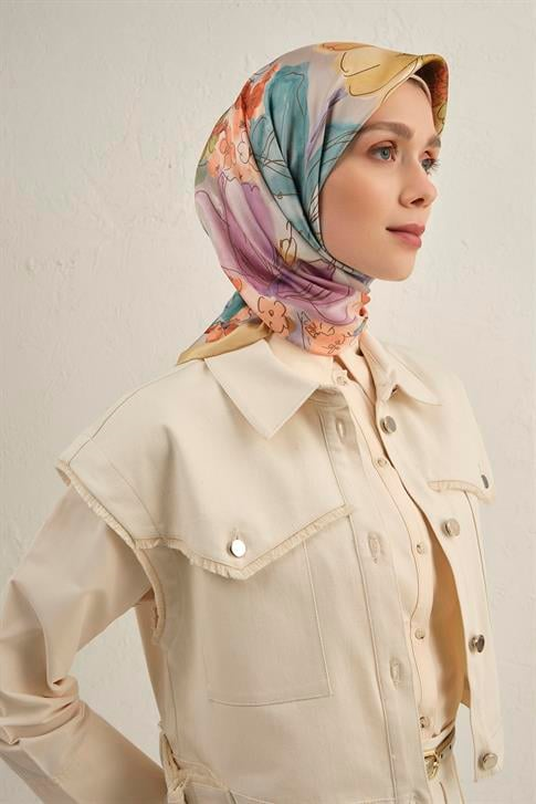 Armine Çiçek Desenli Saf İpek Twill Eşarp 9318D 06
