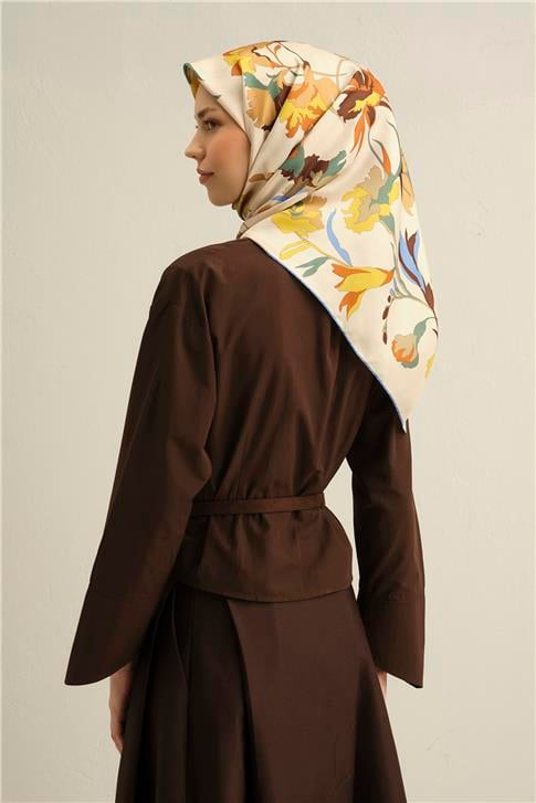 Armine Çiçek Desenli Saf İpek Twill Eşarp 9342D 03