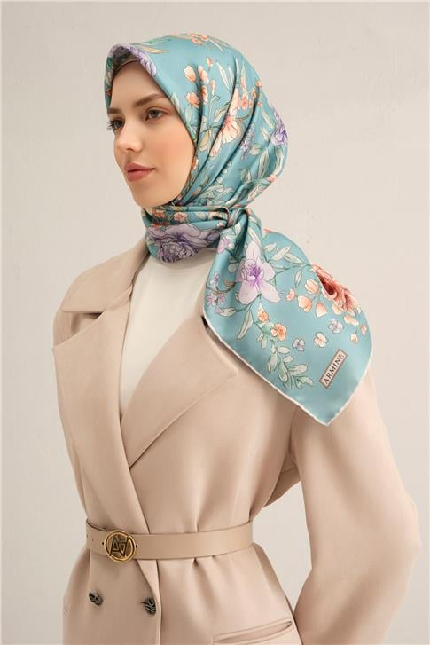 Armine Çiçek Desenli Saf İpek Twill Eşarp 9347D 31