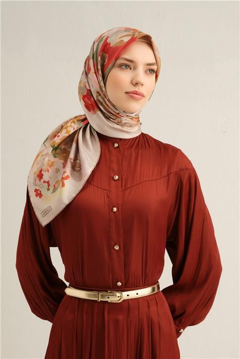 Armine Çiçek Desenli Saf İpek Twill Eşarp 9334D 10