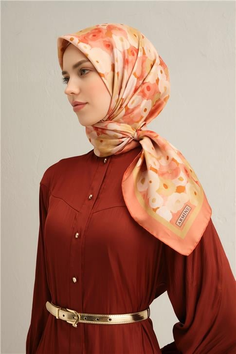 Armine Çiçek Desenli Saf İpek Twill Eşarp 9300D 55