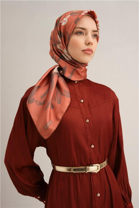 Armine Çiçek Desenli Saf İpek Twill Eşarp 9322D 55