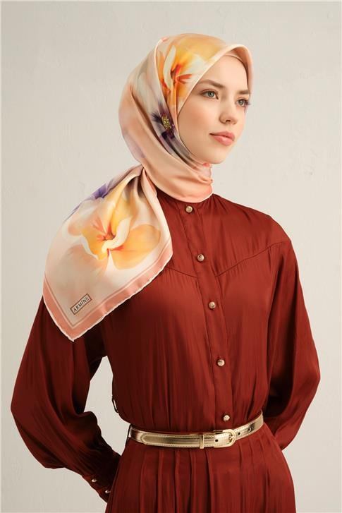 Armine Çiçek Desenli Saf İpek Twill Eşarp 9305D 34