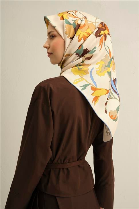 Armine Çiçek Desenli Saf İpek Twill Eşarp 9342D 03