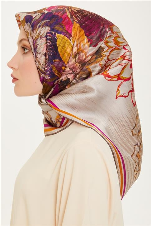 Armine Çiçek Desenli Sura Saf İpek Eşarp 9220D 05