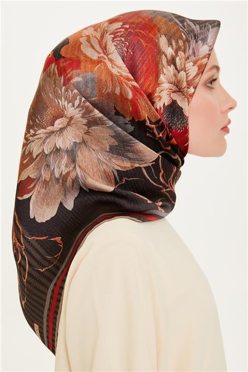 Armine Çiçek Desenli Sura Saf İpek Eşarp 9220D 06