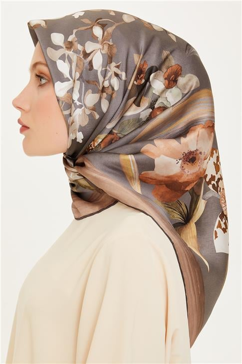 Armine Çiçek Desenli Sura Saf İpek Eşarp 9215D 81 04