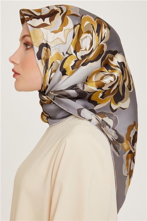 Armine Çiçek Desenli Sura Saf İpek Eşarp 9234D 01 32