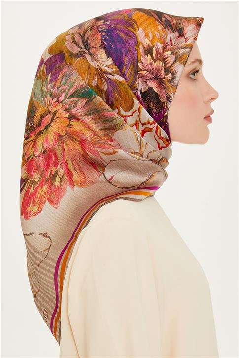 Armine Çiçek Desenli Sura Saf İpek Eşarp 9220D 05