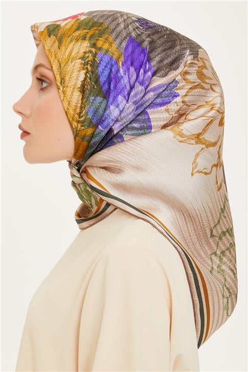 Armine Çiçek Desenli Sura Saf İpek Eşarp 9220D 50
