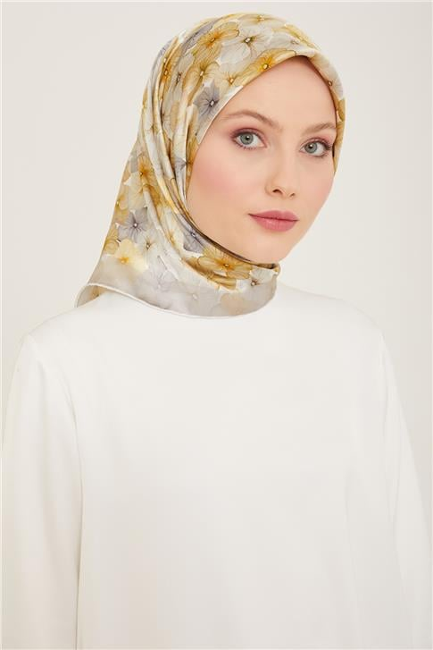 Armine Çiçek Desenli Twill İpek Eşarp 24Ya9108 83 34