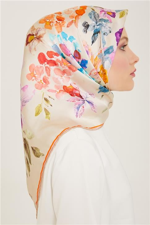 Armine Çiçek Desenli Twill İpek Eşarp 24Ya9127 51 34