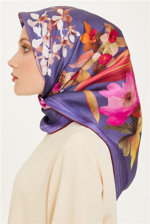 Armine Çiçek Desenli Twill Saf İpek Eşarp 9215D 34 54