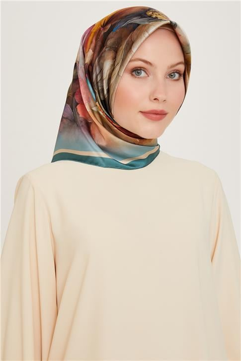 Armine Çiçek Desenli Twill Saf İpek Eşarp 9211D 31