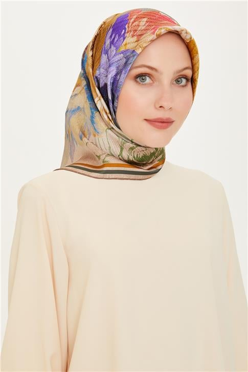 Armine Çiçek Desenli Twill Saf İpek Eşarp 9220D 50