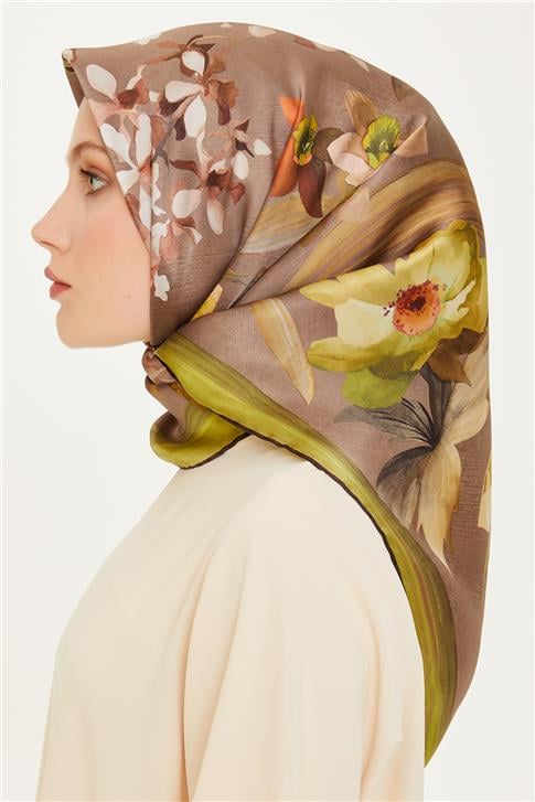 Armine Çiçek Desenli Twill Saf İpek Eşarp 9215D 34 34