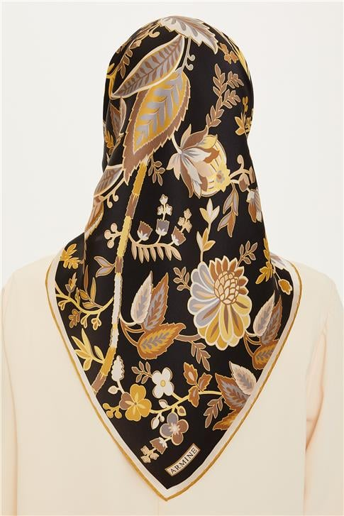 Armine Çiçek Desenli Twill Saf İpek Eşarp 9227D 01
