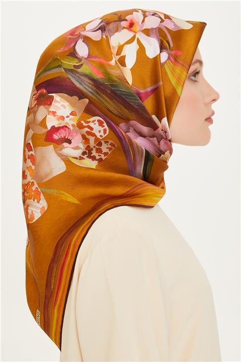 Armine Çiçek Desenli Twill Saf İpek Eşarp 9215D 34 50