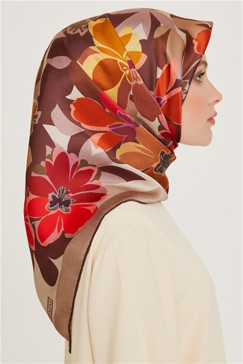 Armine Çiçek Desenli Twill Saf İpek Eşarp 9238D 80