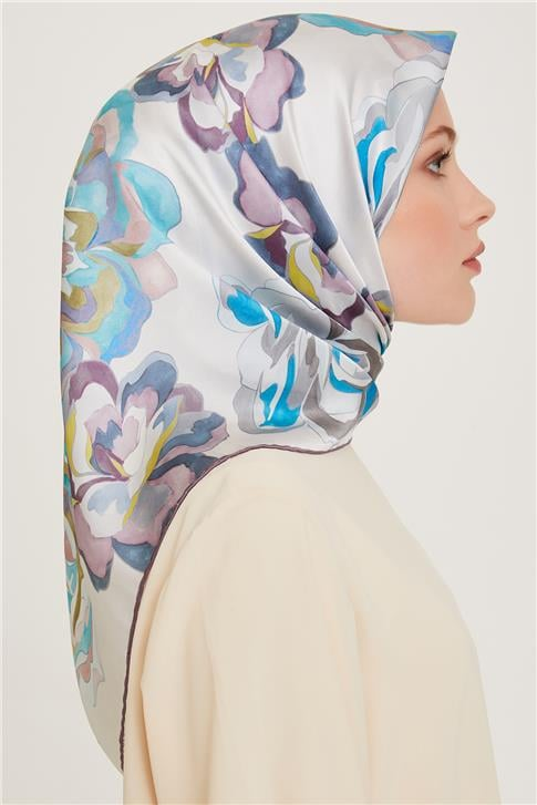 Armine Çiçek Desenli Twill Saf İpek Eşarp 9234D 25