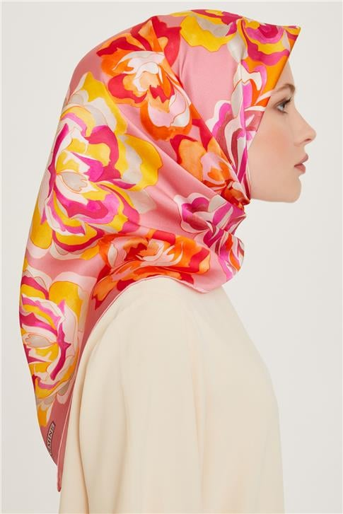 Armine Çiçek Desenli Twill Saf İpek Eşarp 9234D 53