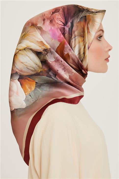 Armine Çiçek Desenli Twill Saf İpek Eşarp 9211D 34