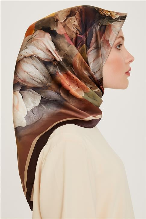 Armine Çiçek Desenli Twill Saf İpek Eşarp 9211D 38
