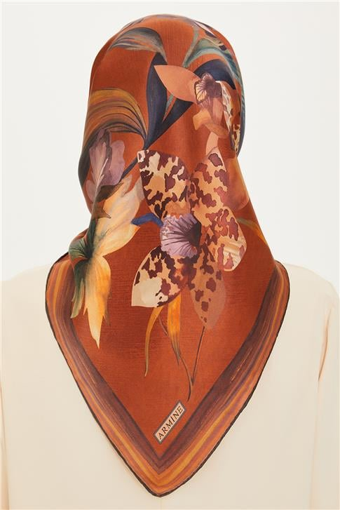 Armine Çiçek Desenli Twill Saf İpek Eşarp 9215D 34 03