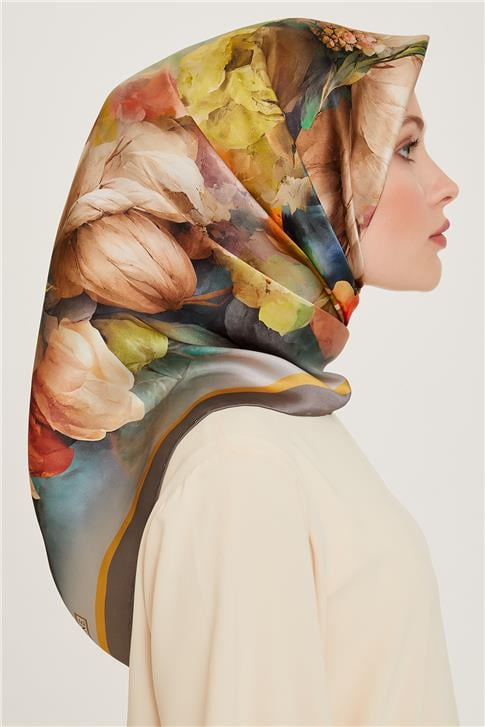 Armine Çiçek Desenli Twill Saf İpek Eşarp 9211D 33