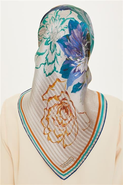 Armine Çiçek Desenli Twill Saf İpek Eşarp 9220D 31