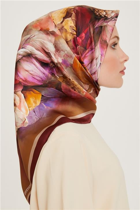 Armine Çiçek Desenli Twill Saf İpek Eşarp 9211D 05